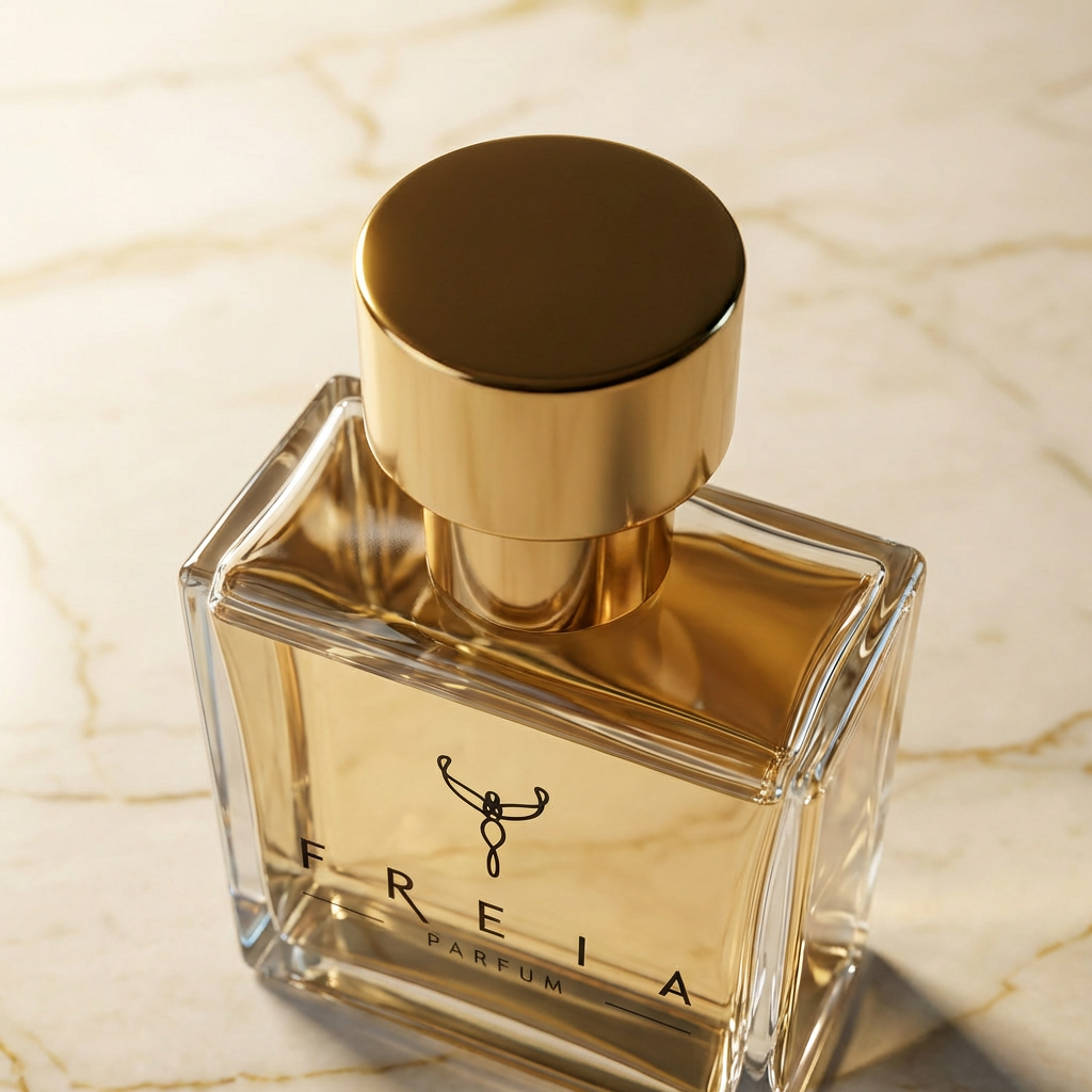 Detalle del tapón dorado y hombro del frasco Freia Parfum
